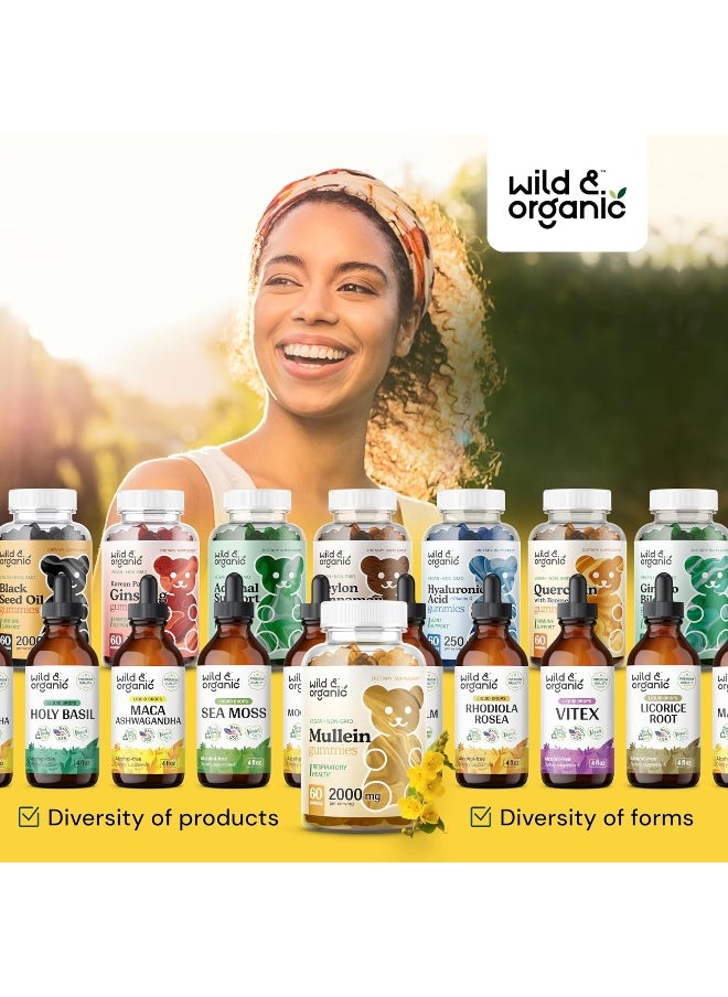 Wild & Organic Mullein Gummies - Daily Dietary Supplement for Respiratory, Digestive Support - Natural Sleep Aid, Immune Booster - Vegan, Non-GMO Verbascum Thapsus Herbal Extract - 2000mg, 60 Chews