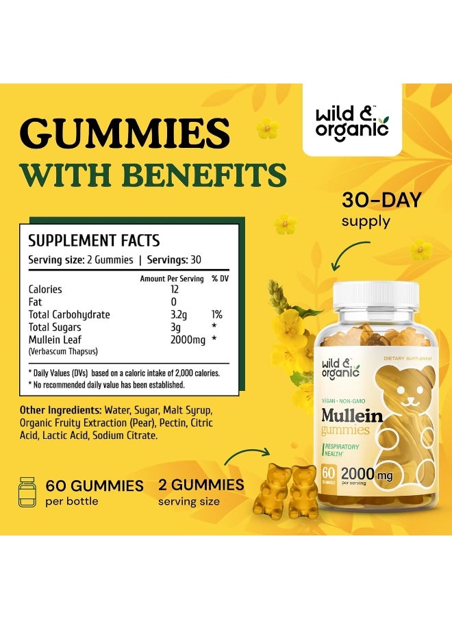 Wild & Organic Mullein Gummies - Daily Dietary Supplement for Respiratory, Digestive Support - Natural Sleep Aid, Immune Booster - Vegan, Non-GMO Verbascum Thapsus Herbal Extract - 2000mg, 60 Chews