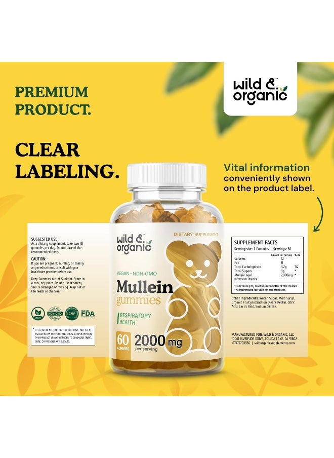 Wild & Organic Mullein Gummies - Daily Dietary Supplement for Respiratory, Digestive Support - Natural Sleep Aid, Immune Booster - Vegan, Non-GMO Verbascum Thapsus Herbal Extract - 2000mg, 60 Chews