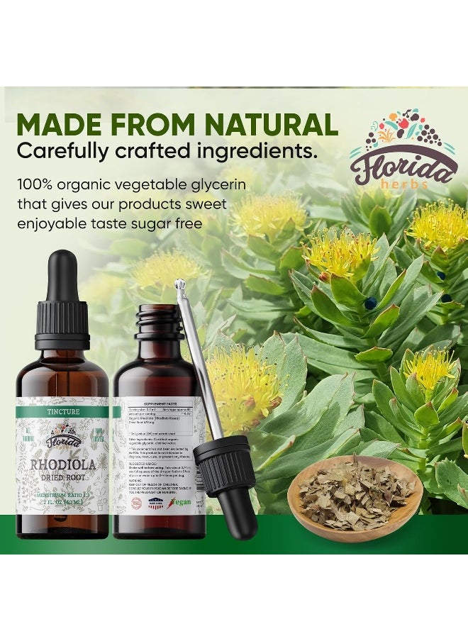 FLORIDA HERBS Rhodiola Tincture, Organic Rhodiola Extract (Rhodiola Rosea) Dried Root Health Supplement, Non-GMO in Cold-Pressed Organic Vegetable Glycerin 2 oz, 670 mg