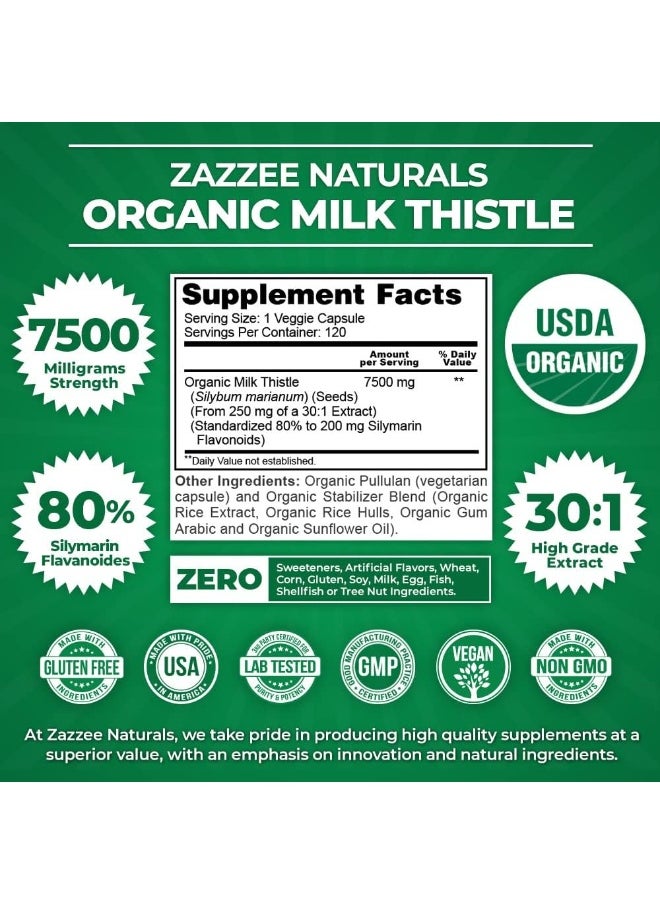 Zazzee Organic Milk Thistle Extract Capsules (120 Pieces, 7500mg)
