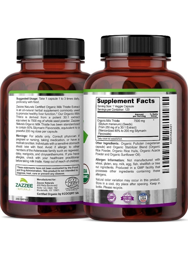 Zazzee Organic Milk Thistle Extract Capsules (120 Pieces, 7500mg)