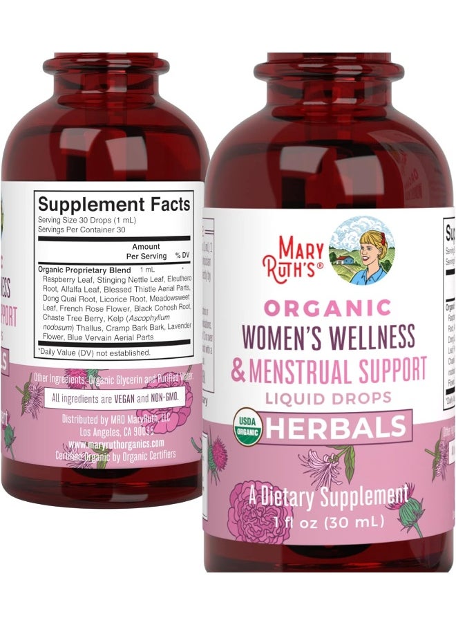 MaryRuth Organics Herbal Supplement Drop, Support Menstruating Bodies and Relaxation, Pack of 1, USDA Raspberry, Stinging Nettle Leaf, Eleuthero Root, Chaste Tree Berry, Vegan, 1 Fluid Ounces