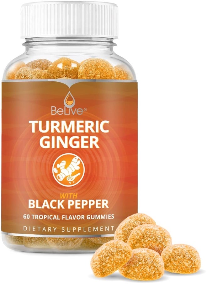 BeLive Vegetarian Friendly Turmeric with Ginger Gummies Curcumin Vitamins All Natural Chews for Adults & Kids (60 Count)