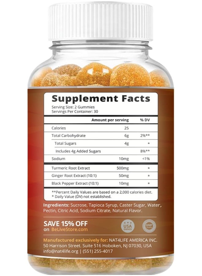 BeLive Vegetarian Friendly Turmeric with Ginger Gummies Curcumin Vitamins All Natural Chews for Adults & Kids (60 Count)