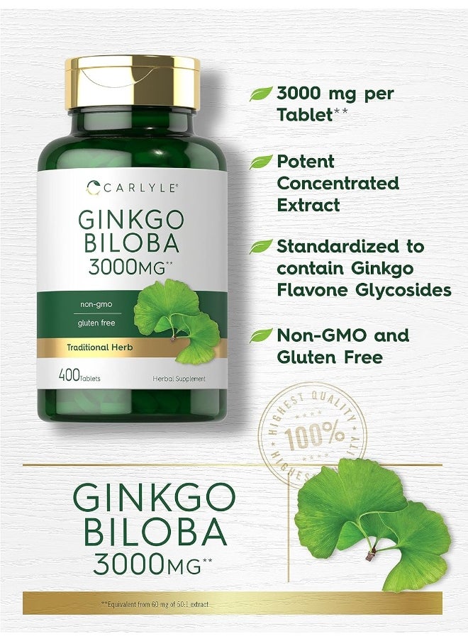 Carlyle Ginkgo Biloba 3000mg | 400 Tablets | Vegetarian Supplement | Non-GMO, Gluten Free