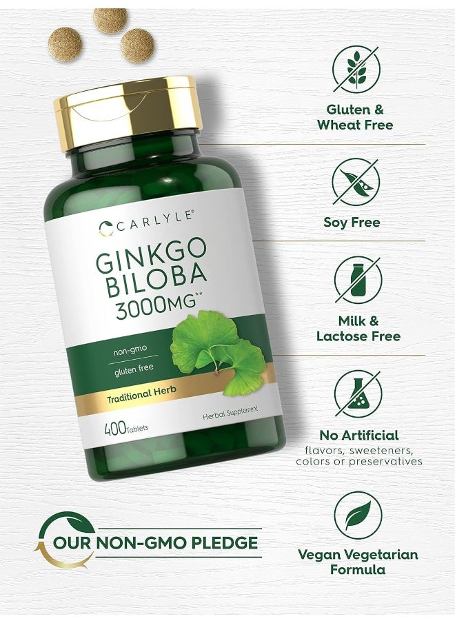 Carlyle Ginkgo Biloba 3000mg | 400 Tablets | Vegetarian Supplement | Non-GMO, Gluten Free