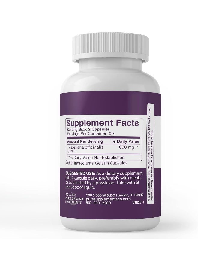 PURE ORIGINAL INGREDIENTS Valerian Root, (100 Capsules) Always Pure, No Additives Or Fillers, Lab Verified