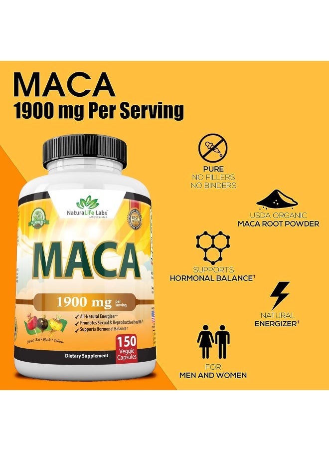 Organic Maca Root Black, Red, Yellow 1900 MG per Serving - 150 Vegan Capsules Peruvian Maca Root Gelatinized 100% Pure Non-GMO Supports Reproductive Health Natural Energizer