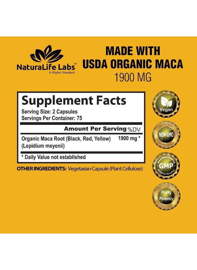 Organic Maca Root Black, Red, Yellow 1900 MG per Serving - 150 Vegan Capsules Peruvian Maca Root Gelatinized 100% Pure Non-GMO Supports Reproductive Health Natural Energizer