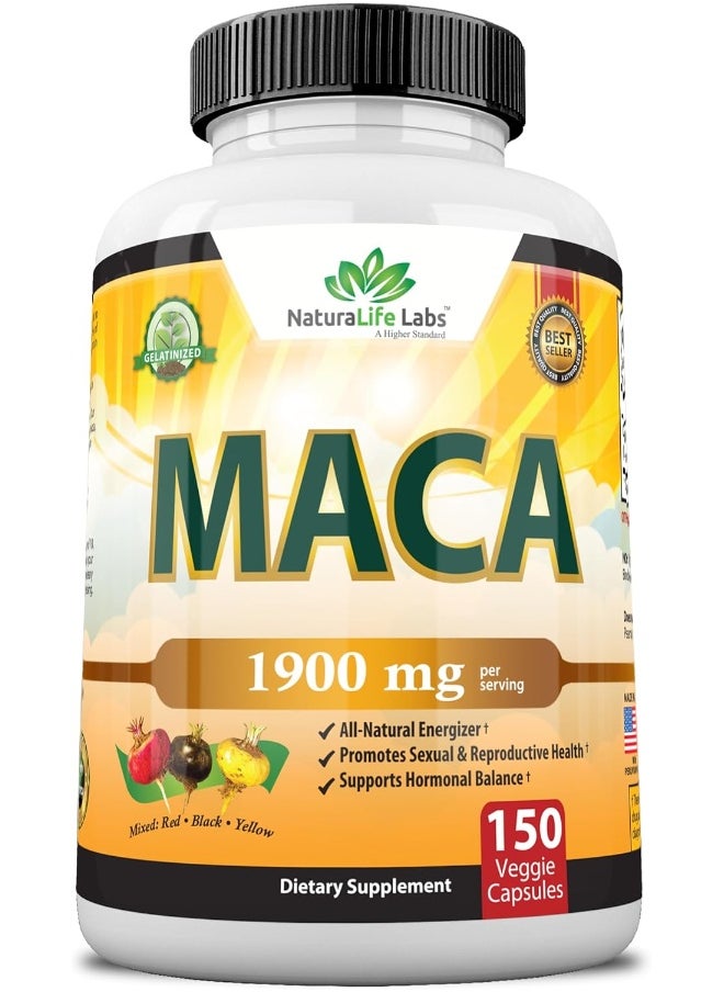Organic Maca Root Black, Red, Yellow 1900 MG per Serving - 150 Vegan Capsules Peruvian Maca Root Gelatinized 100% Pure Non-GMO Supports Reproductive Health Natural Energizer