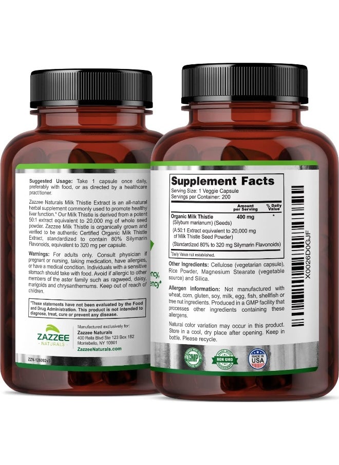 Zazzee 50:1 Extract Milk Thistle (20000mg, 200 Vegan Capsules)