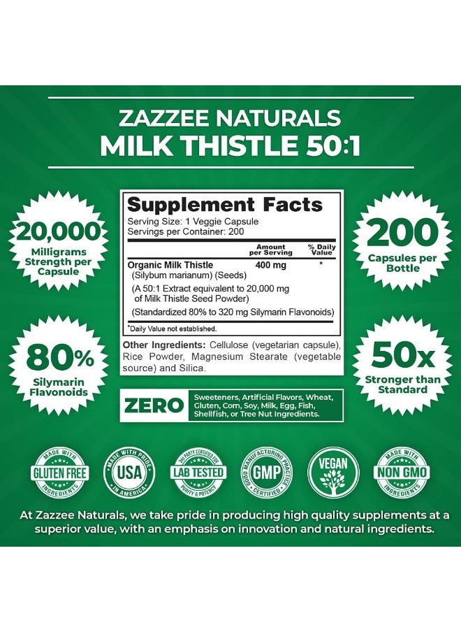 Zazzee 50:1 Extract Milk Thistle (20000mg, 200 Vegan Capsules)