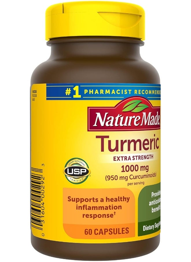 Nature Made Extra Strength Turmeric Curcumin with Black Pepper, 1000mg extract (950mg Curcuminoids) per serving, Supports Healthy Inflammation Response, 60 Vegetarian Capsules, 30 Day Supply