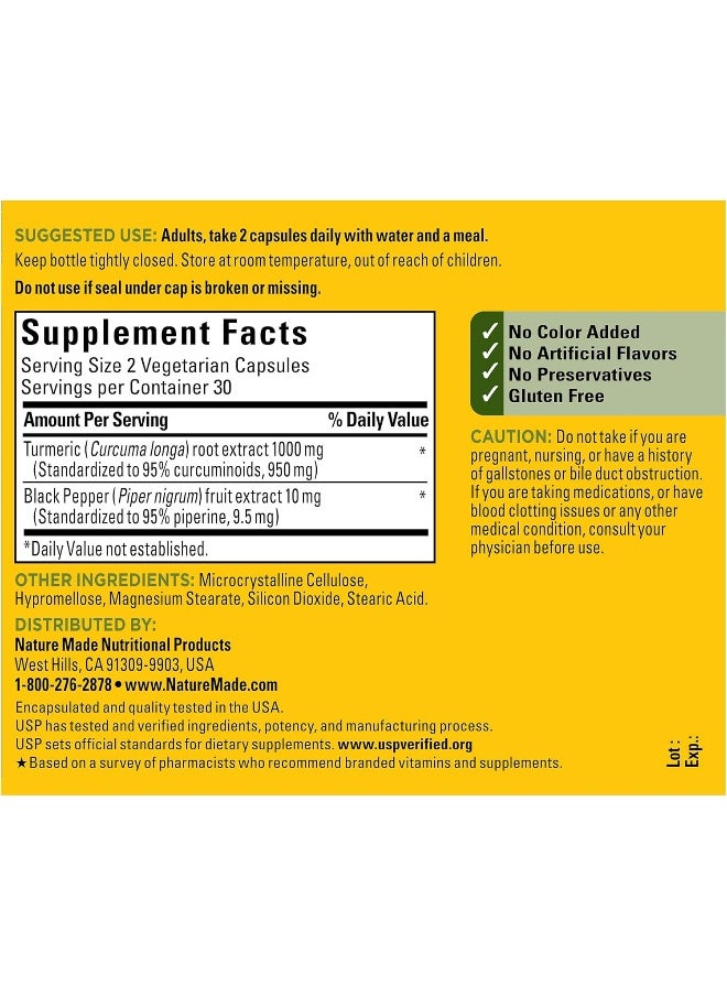 Nature Made Extra Strength Turmeric Curcumin with Black Pepper, 1000mg extract (950mg Curcuminoids) per serving, Supports Healthy Inflammation Response, 60 Vegetarian Capsules, 30 Day Supply