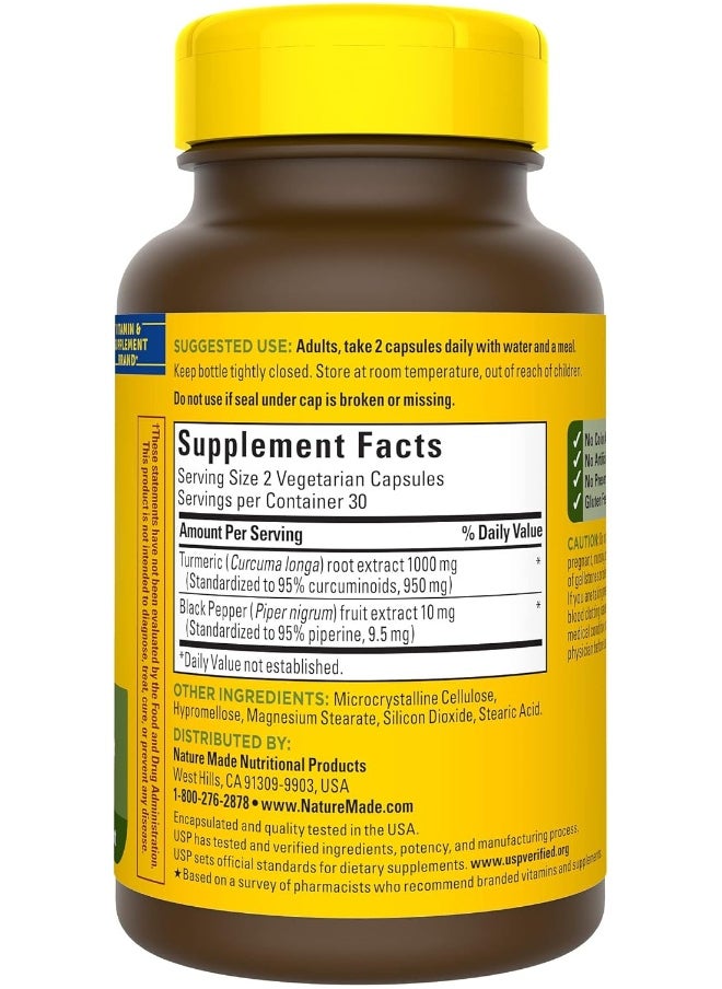 Nature Made Extra Strength Turmeric Curcumin with Black Pepper, 1000mg extract (950mg Curcuminoids) per serving, Supports Healthy Inflammation Response, 60 Vegetarian Capsules, 30 Day Supply