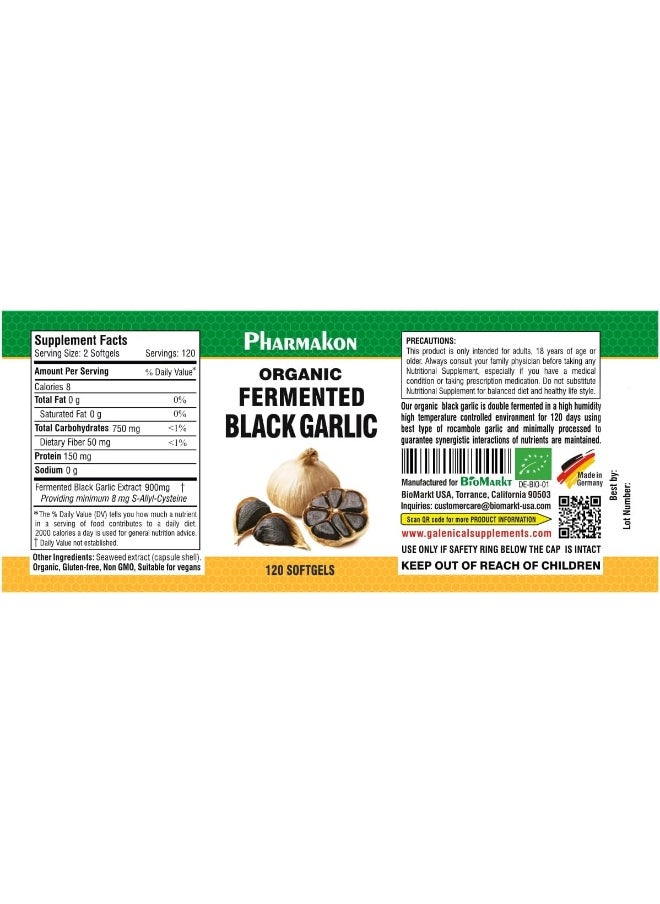 PHARMAKON Organic Aged Black Garlic, Bioavailable Soft Capsules, Wholesome, Reduced Odor (120 Count)