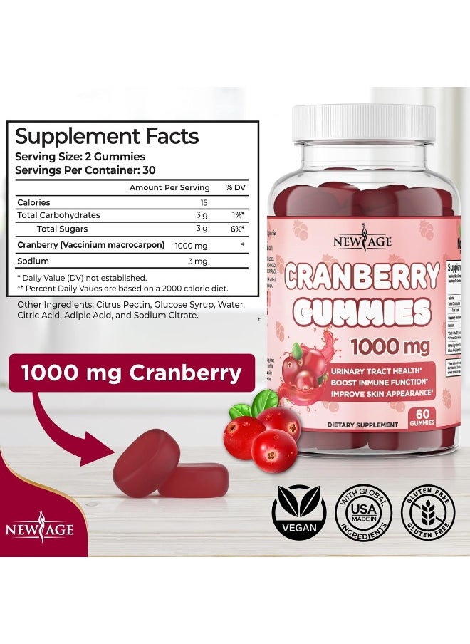 NEW AGE Cranberry Gummies Urinary Tract Health Gummies 1000mg - Supports Bladder, Kidney, UTI - Vegetarian, 2 Pack -120 Count