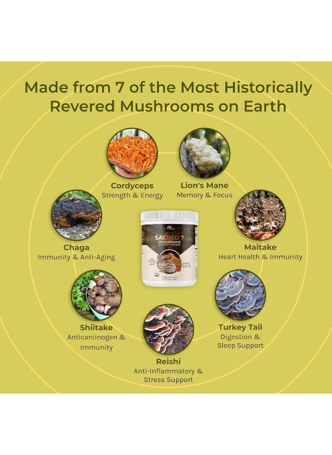 SACRED 7 Real Mushrooms No Fillers USDA Organic Extract Powder Supplement - 226g