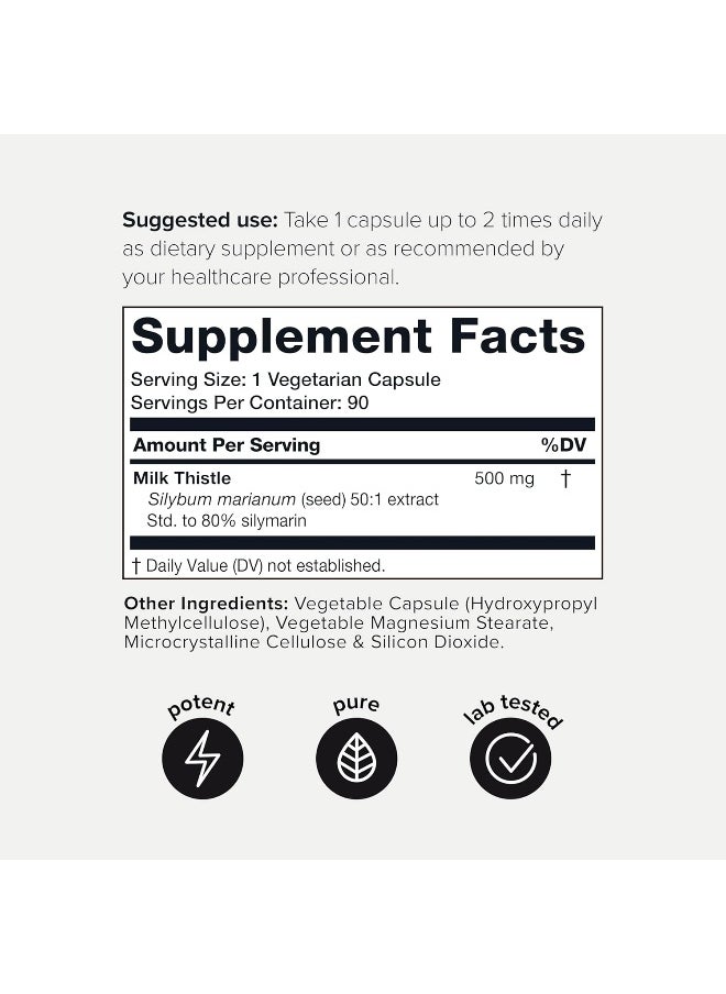 Toniiq 25,000mg 50x Concentrated Milk Thistle Extract - Milk Thistle 500mg Per Serving - 80% Silymarin - Bioavailable Silymarin Milk Thistle Supplement Capsules - 90 Vegetarian Caps