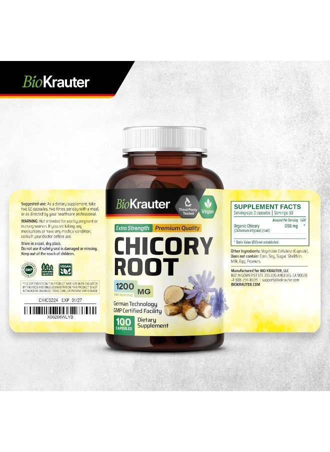 BIO KRAUTER Chicory Capsules - Organic Chicory Root Nutritional Herbal Supplement - Natural Dietary Support for Digestive Function, Liver & Brain Health - Vegan, Non-GMO - 1200mg, 100 Caps per Bottle