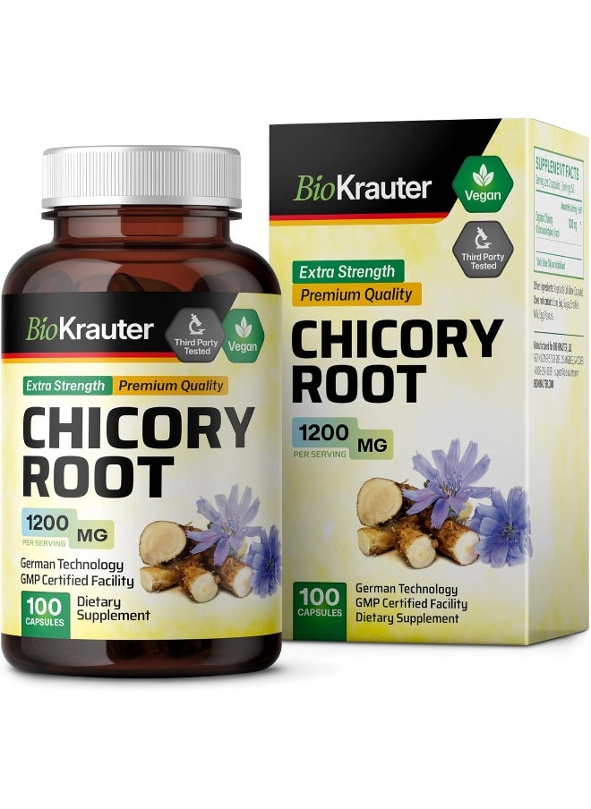 BIO KRAUTER Chicory Capsules - Organic Chicory Root Nutritional Herbal Supplement - Natural Dietary Support for Digestive Function, Liver & Brain Health - Vegan, Non-GMO - 1200mg, 100 Caps per Bottle