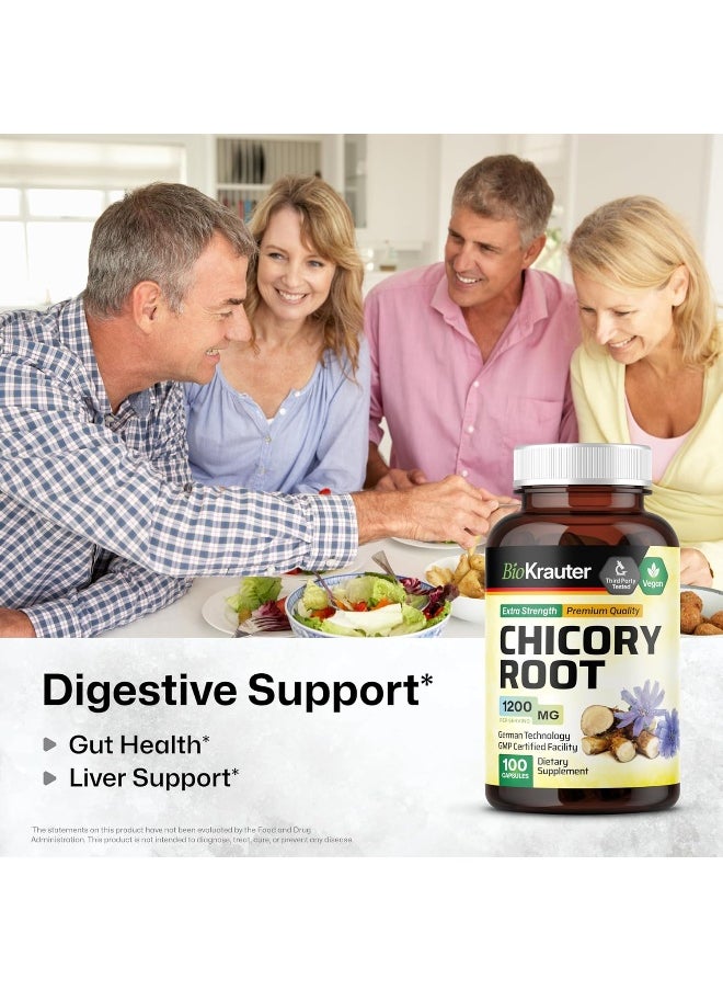 BIO KRAUTER Chicory Capsules - Organic Chicory Root Nutritional Herbal Supplement - Natural Dietary Support for Digestive Function, Liver & Brain Health - Vegan, Non-GMO - 1200mg, 100 Caps per Bottle