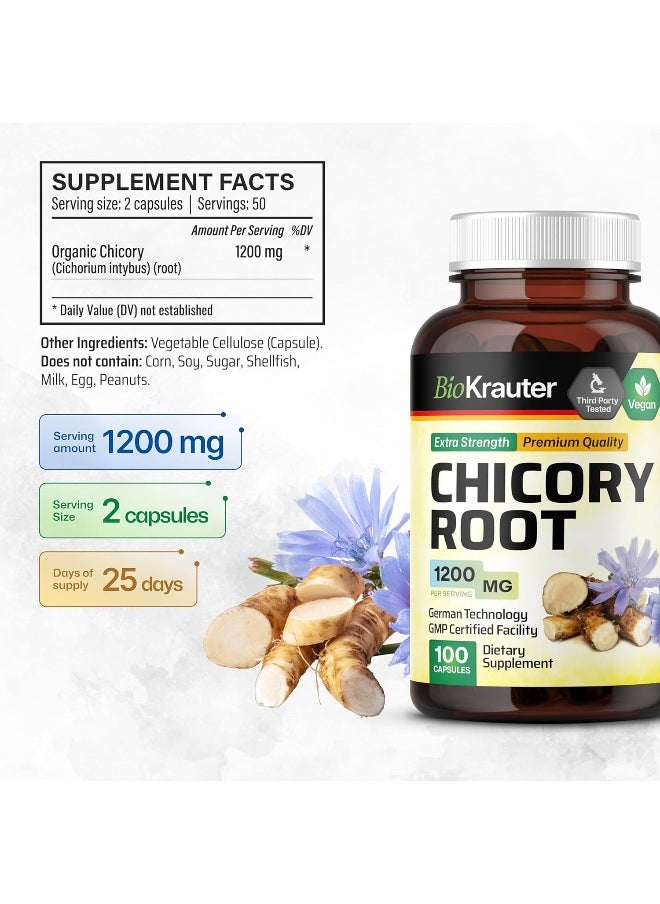 BIO KRAUTER Chicory Capsules - Organic Chicory Root Nutritional Herbal Supplement - Natural Dietary Support for Digestive Function, Liver & Brain Health - Vegan, Non-GMO - 1200mg, 100 Caps per Bottle