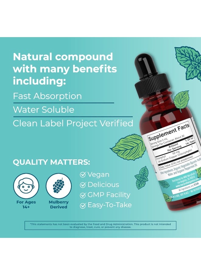 Organic Chlorophyll Liquid Drops by MaryRuth's | Vegan Liquid Chlorophyll | Energy Supplement Natural Deodorant Liver Function Immune Support | Non GMO, Peppermint | 50mg per serving, 30 servings