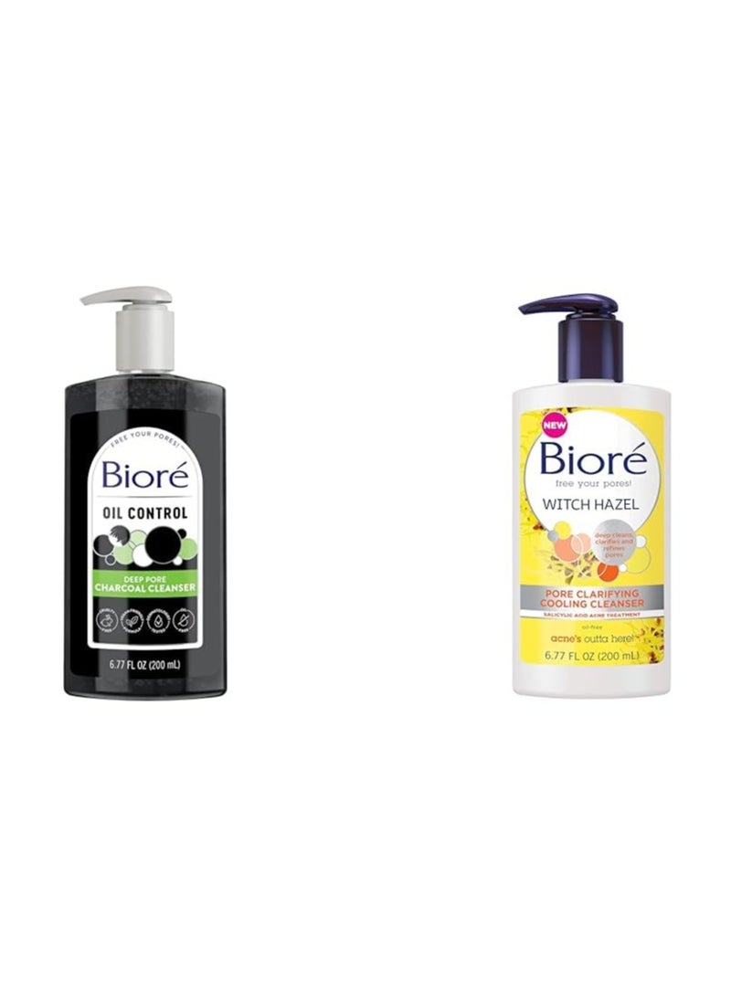 Bioré Deep Pore Charcoal Face Wash, Facial Cleanser for Dirt and Makeup Removal From Oily Skin, 6.77 Ounce & Witch Hazel Pore Clarifying Acne Face Wash, Exfoliating Facial Cleanser