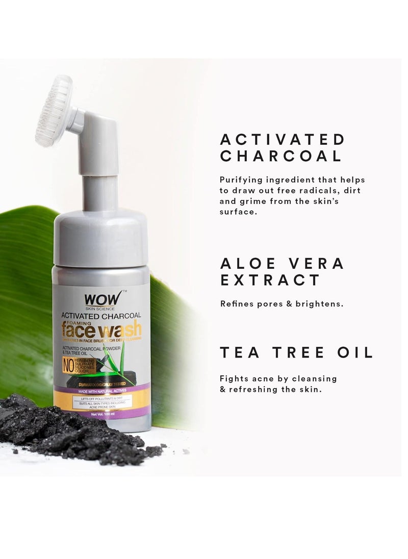 WOW Skin Science Activated Charcoal Face Wash With Built-In Face Brush For Removing Impurities - Detox, Cleanse, Purify - (100 ml)