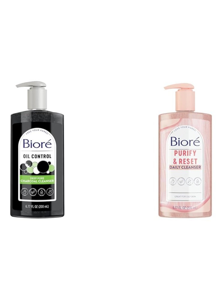 Bioré Deep Pore Charcoal Face Wash, Facial Cleanser for Dirt and Makeup Removal From Oily Skin, 6.77 Ounce & Rose Quartz + Charcoal Daily Purifying Cleanser, Oil Free Facial Cleanser Energizes Skin