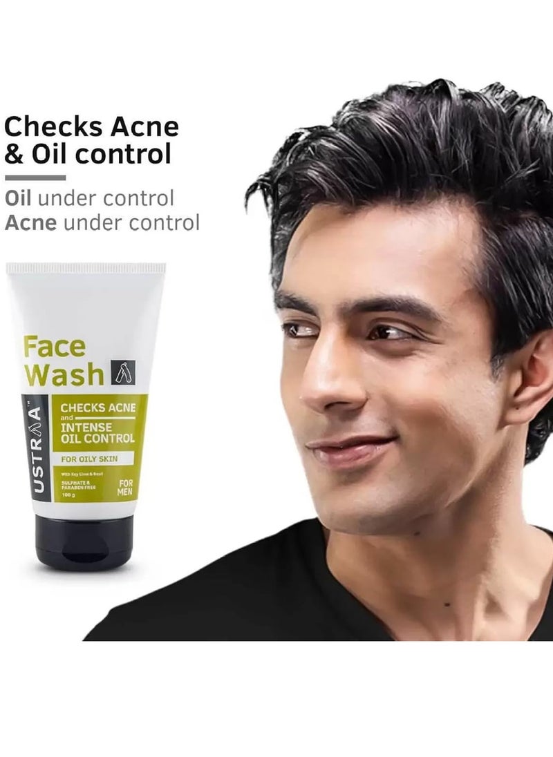Ustraa Face Wash - Oily skin - 3.52 oz - Specially formulated for Oily Skin | With Key lime & Basil extract | Remove excess Oil & Dirt | Sulphate and Paraben Free