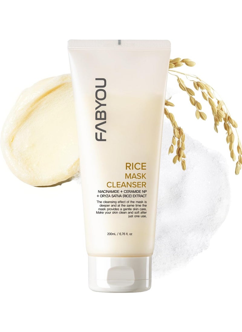 FABYOU Rice Mask Cleanser 6.76 oz– Glow-Boosting & Hydrating Face Wash with Jeju Rice & Natto Gum, Gentle Exfoliating Daily Foam Cleanser, Deep Pore Cleanser, Non-Irritating- Korean Skin Care