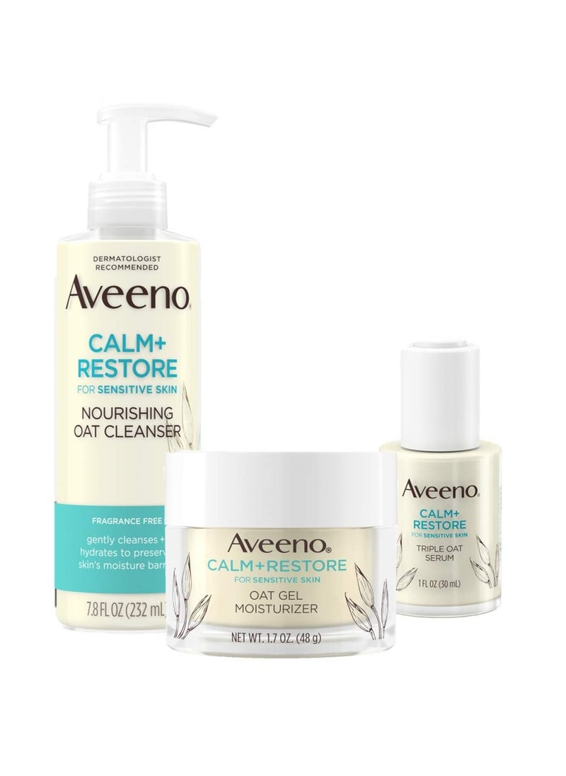 Aveeno Calm + Restore Nourishing Oat Cleanser 7.8oz with Restore Triple Oat Serum 1oz and Restore Oat Gel Moisturizer 1.7oz