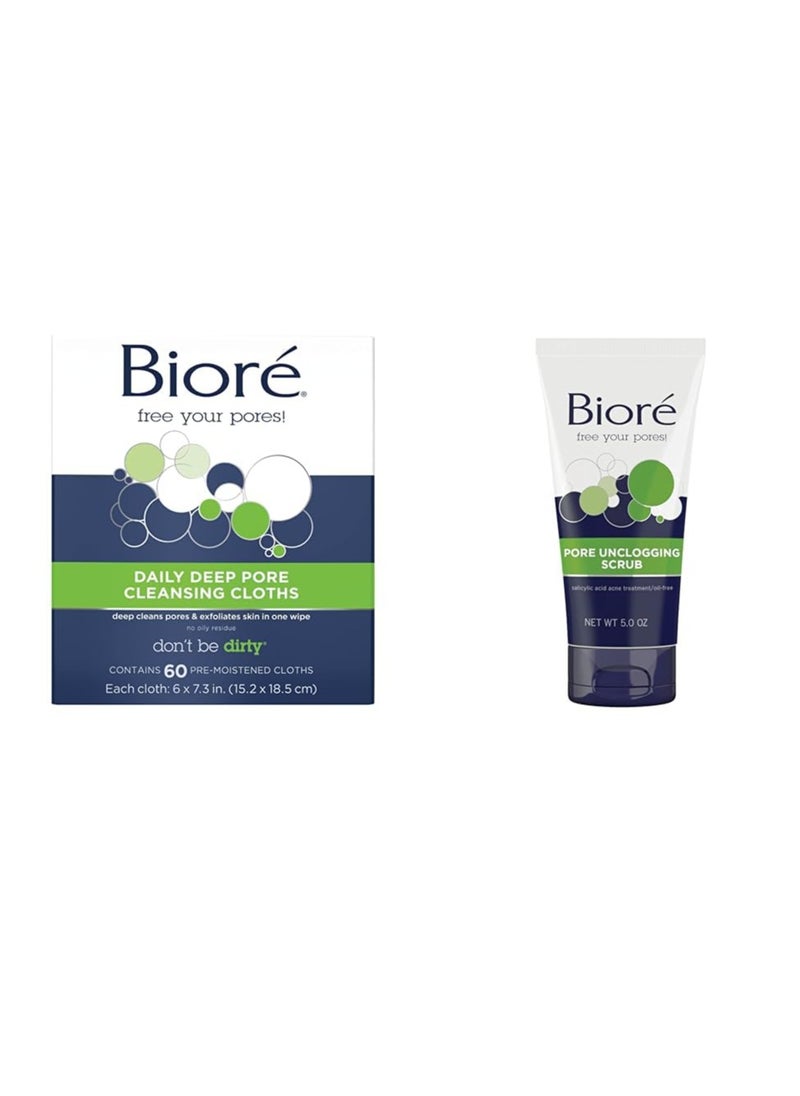 Bioré Daily Make Up Removing Cloths, Facial Cleansing Wipes & Pore Unclogging Scrub, Removes Excess Dirt and Oils, Face Scrub, with Salicylic Acid, Oil Free, 5 Ounces (HSA/FSA Approved)
