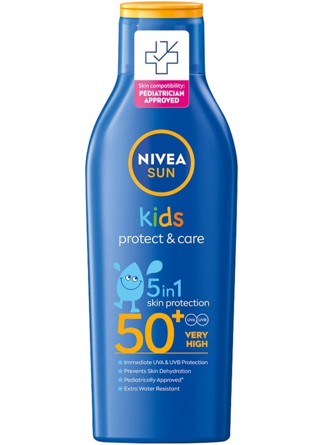 NIVEA SUN Kids Sunscreen Lotion, Protect & Care, SPF 50+, 5in1 Skin Protection, Very High and Immediate UVA & UVB Protection, Extra Water Resistant, 200ml