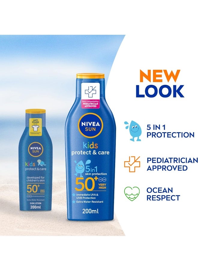 NIVEA SUN Kids Sunscreen Lotion, Protect & Care, SPF 50+, 5in1 Skin Protection, Very High and Immediate UVA & UVB Protection, Extra Water Resistant, 200ml