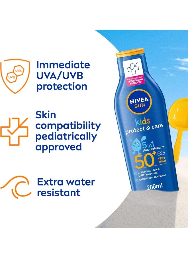 NIVEA SUN Kids Sunscreen Lotion, Protect & Care, SPF 50+, 5in1 Skin Protection, Very High and Immediate UVA & UVB Protection, Extra Water Resistant, 200ml