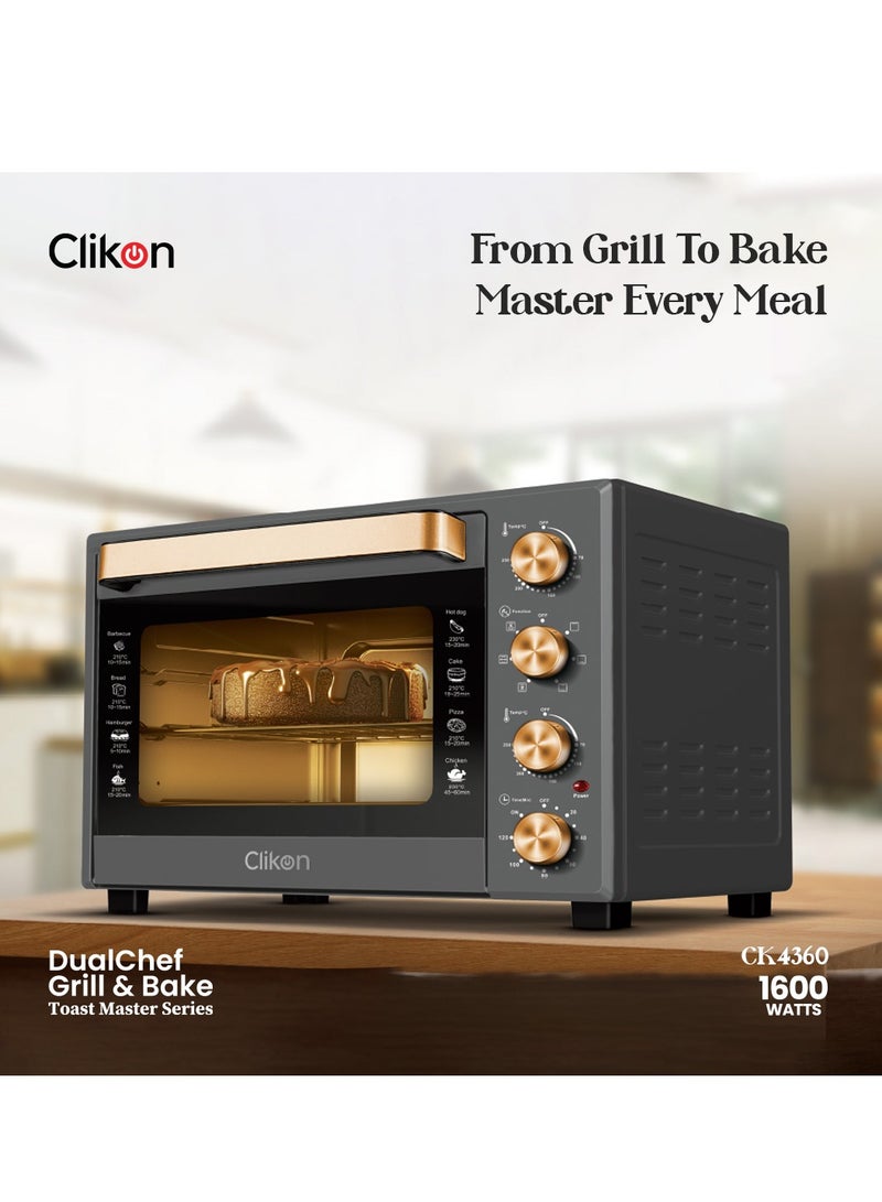 Dual Chef Grill&Bake 38L Electric Convection Oven with Rotisserie – Multi-Function, Stainless Steel, Adjustable Temperature, Accessories Included 1600 W 38 L 1600 W CK4360 Black and Gold