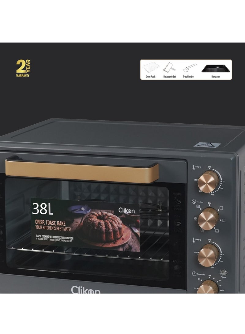 Dual Chef Grill&Bake 38L Electric Convection Oven with Rotisserie – Multi-Function, Stainless Steel, Adjustable Temperature, Accessories Included 1600 W 38 L 1600 W CK4360 Black and Gold