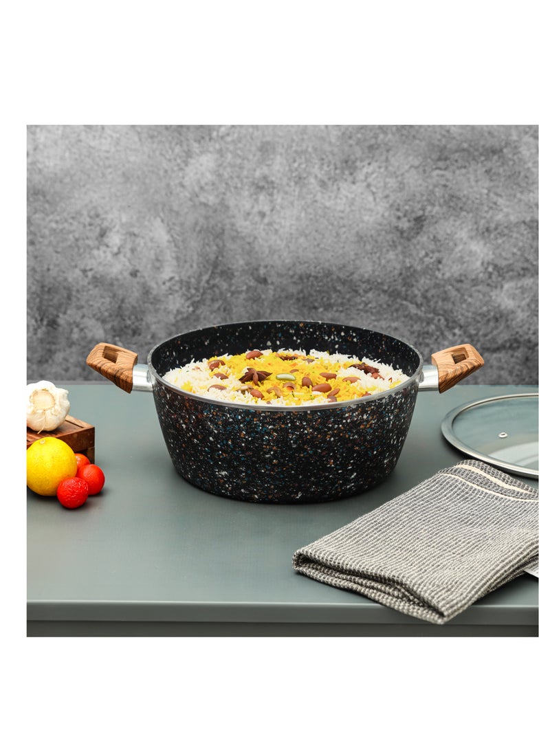 Royalford 28 cm Multistone Casserole- RF12018/ Non-Stick Forged Aluminium Cookware with Granite Coating, Compatible with Induction, Hot Plate, Halogen, Ceramic, Gas Cooktops with Glass Lid Multicolor