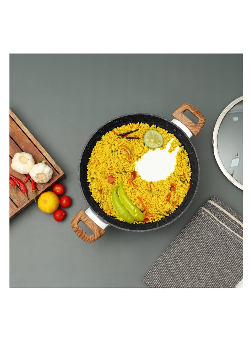 Royalford 28 cm Multistone Casserole- RF12018/ Non-Stick Forged Aluminium Cookware with Granite Coating, Compatible with Induction, Hot Plate, Halogen, Ceramic, Gas Cooktops with Glass Lid Multicolor