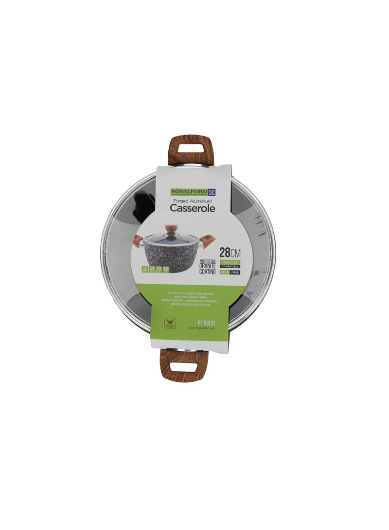 Royalford 28 cm Multistone Casserole- RF12018/ Non-Stick Forged Aluminium Cookware with Granite Coating, Compatible with Induction, Hot Plate, Halogen, Ceramic, Gas Cooktops with Glass Lid Multicolor