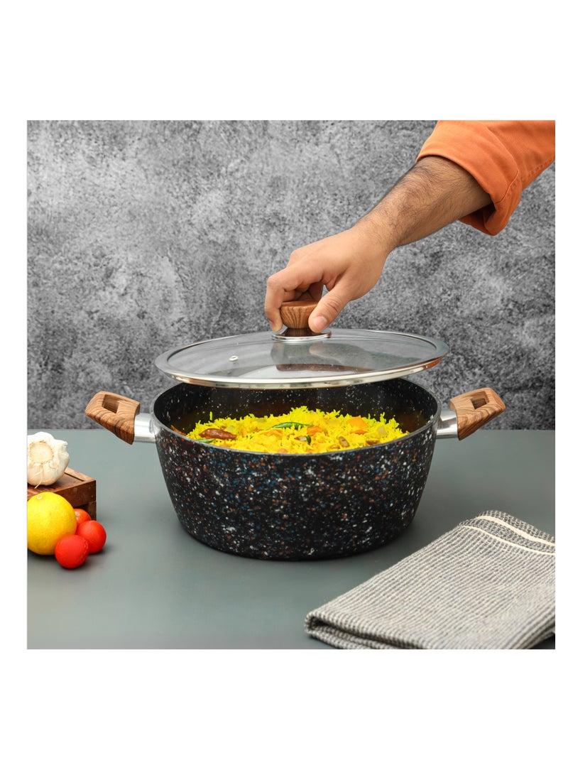 Royalford 28 cm Multistone Casserole- RF12018/ Non-Stick Forged Aluminium Cookware with Granite Coating, Compatible with Induction, Hot Plate, Halogen, Ceramic, Gas Cooktops with Glass Lid Multicolor