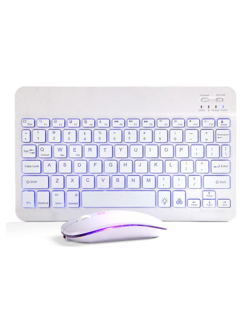 Ultra-Slim Bluetooth Keyboard and Mouse Portable Mini Wireless Keyboard Rechargeable 7-Color Backlit for Apple iPad iPhone Samsung Tablet iPhone Smartphone iOS Android Windows,White