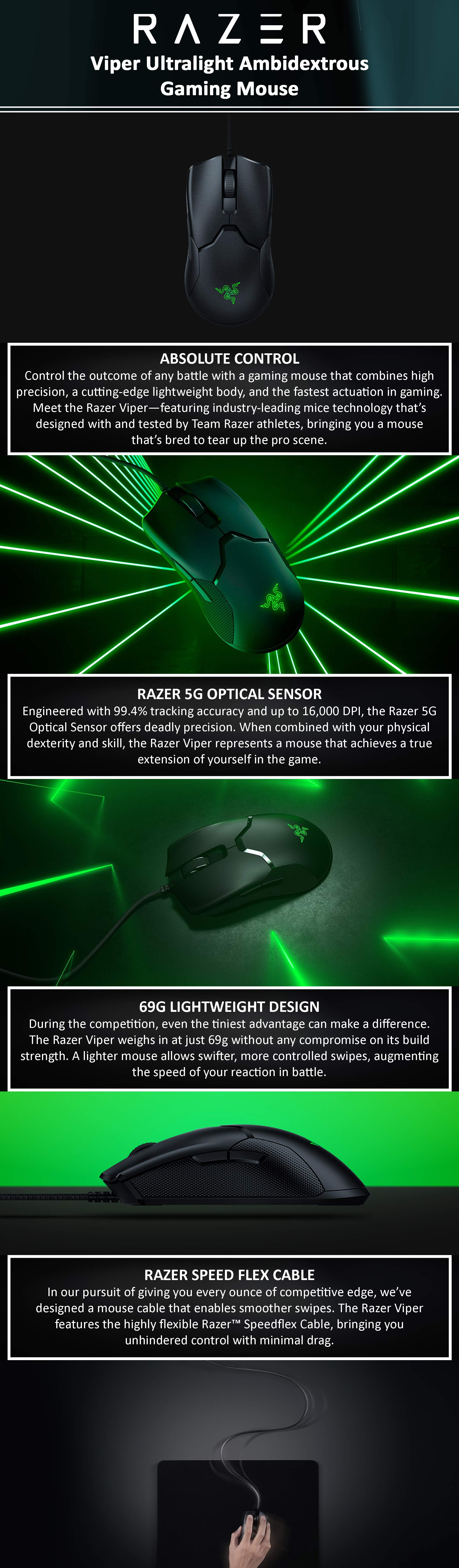 Viper Ultralight Ambidextrous Wired Gaming Mouse 16000 DPI Black Black