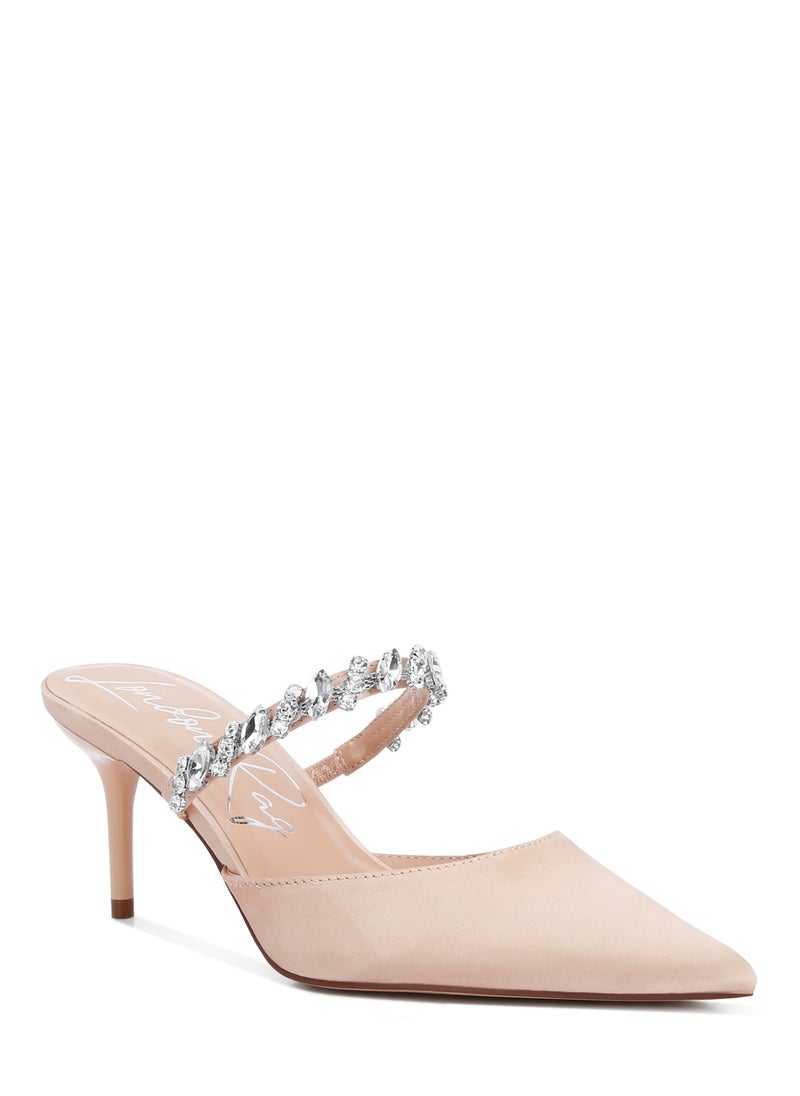 Diamante Stiletto Mules Sandals in Champagne