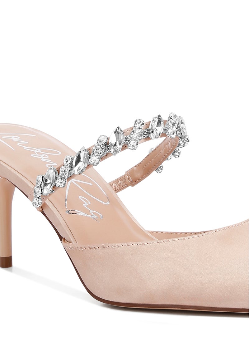 Diamante Stiletto Mules Sandals in Champagne