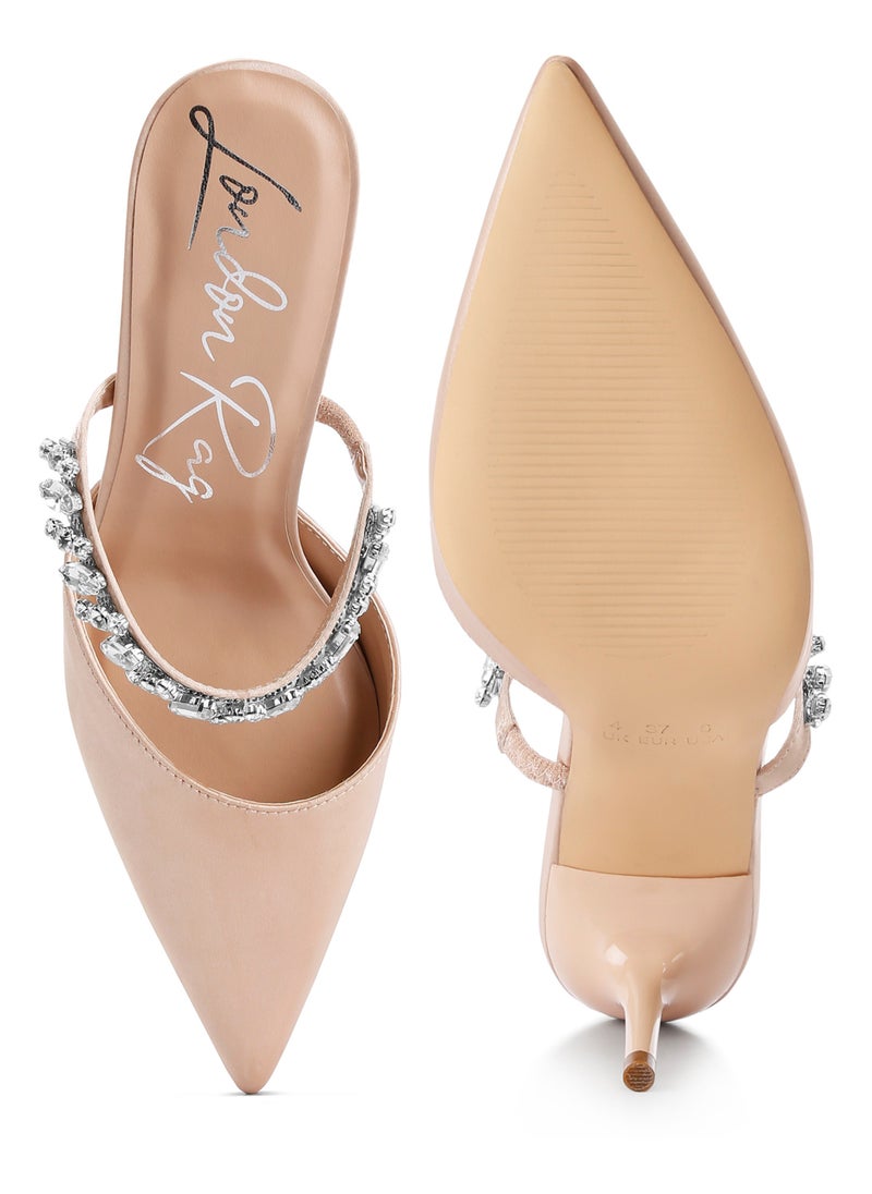 Diamante Stiletto Mules Sandals in Champagne